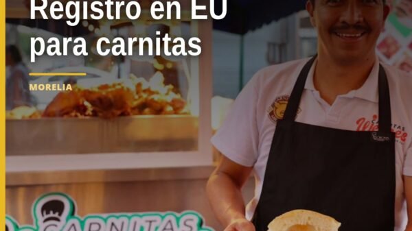 Logotipo de Carnitas Michoacán junto a banderas de México y Estados Unidos, con sello de registro de la USPTO