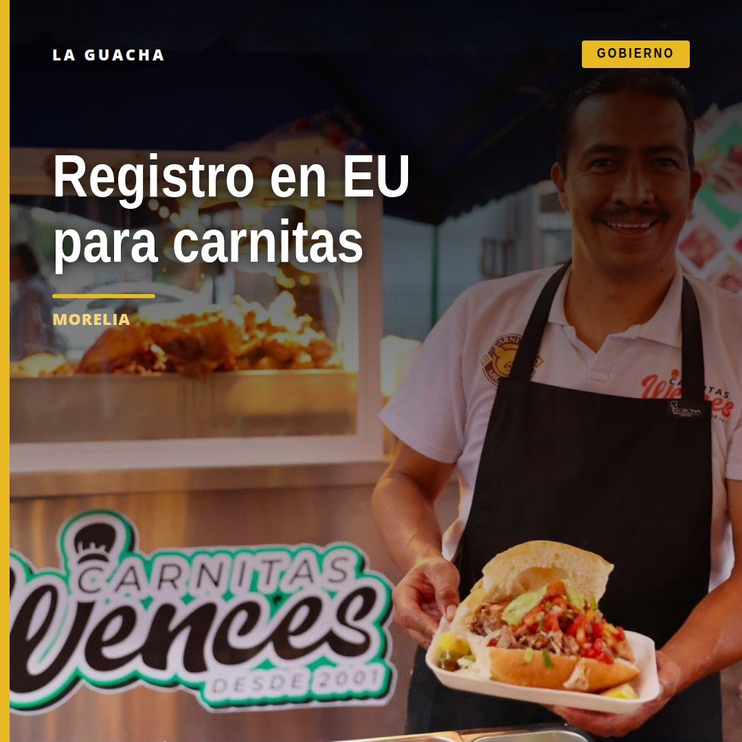 Logotipo de Carnitas Michoacán junto a banderas de México y Estados Unidos, con sello de registro de la USPTO