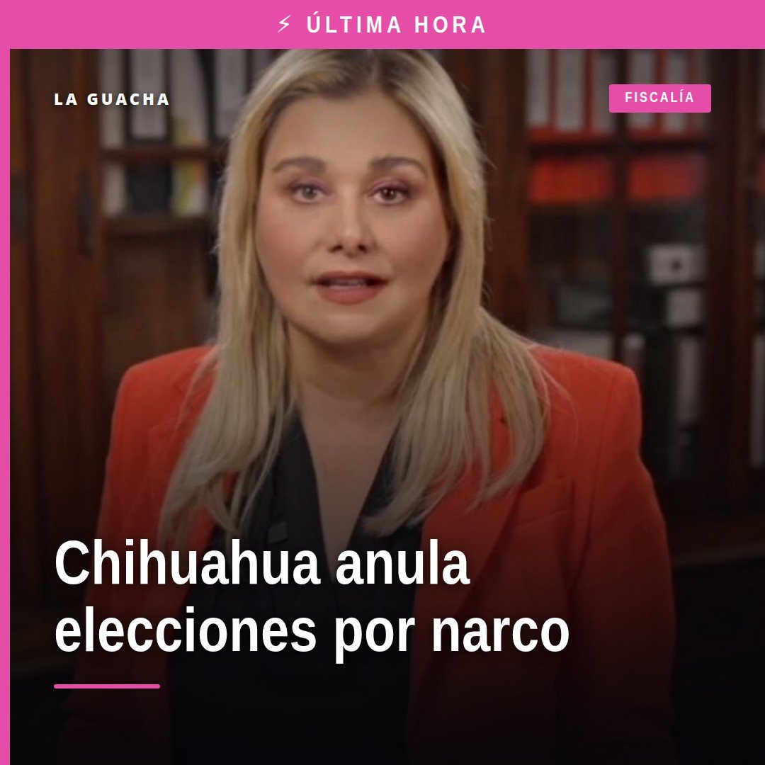 Gobernadora Maru Campos Galván hablando frente a micrófono, con bandera de Chihuahua al fondo, tema anular elecciones narco