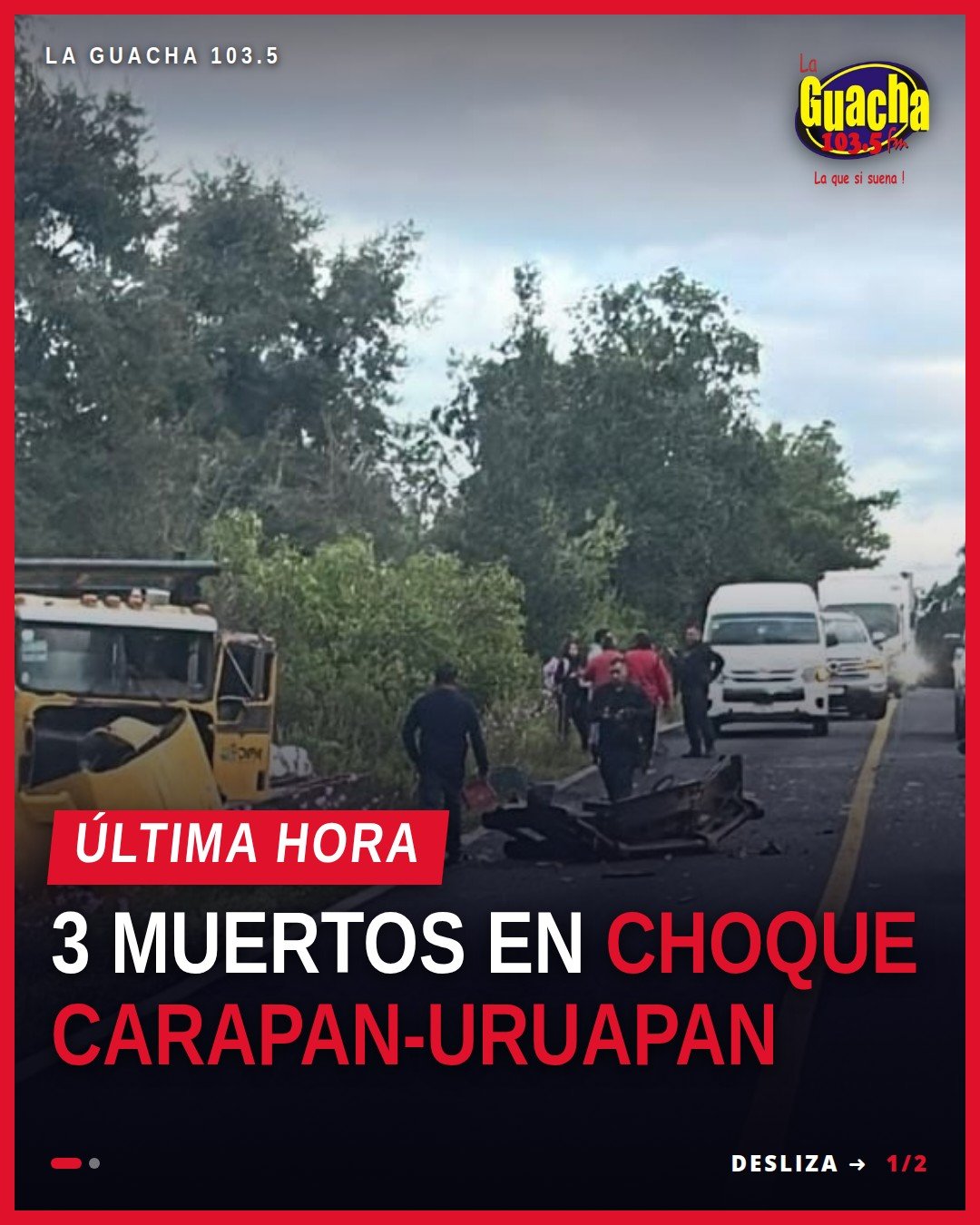 Escena del choque carapan-uruapan en Paracho, con vehículos dañados y presencia de autoridades en la carretera