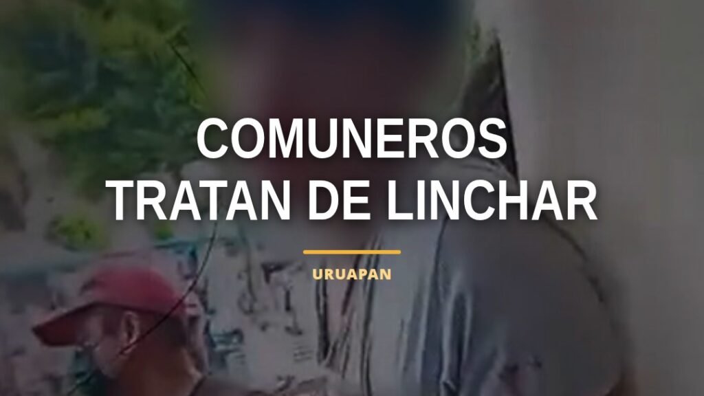 comuneros tratan linchar: dos hombres amarrados a un poste en la plaza de San Lorenzo, Uruapan, rodeados por personas y
