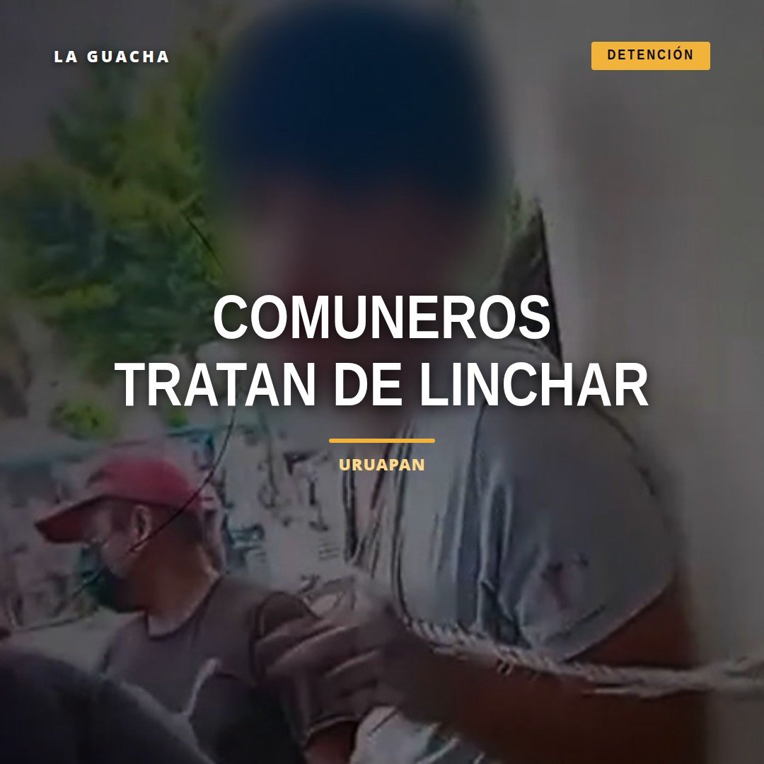 comuneros tratan linchar: dos hombres amarrados a un poste en la plaza de San Lorenzo, Uruapan, rodeados por personas y