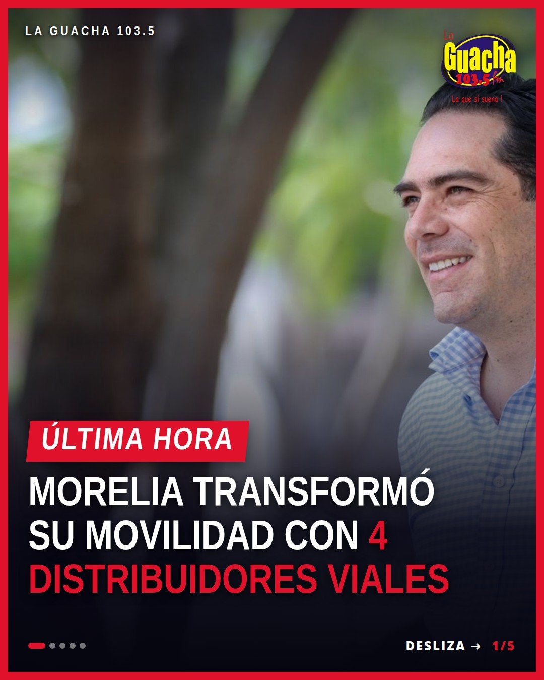 Fotografía aérea de uno de los cuatro distribuidores viales en Morelia, con flujo vehicular y áreas verdes integradas en el