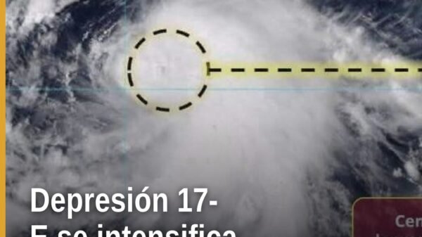Mapa meteorológico con la ubicación de la depresión tropical 17-e frente a la costa de Michoacán y Guerrero