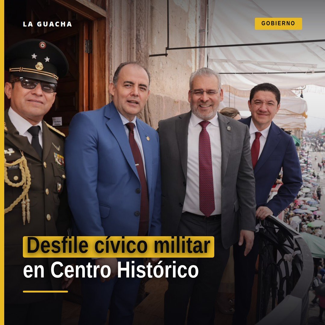 Desfile cívico militar en el Centro Histórico con contingentes militares, escolares, de Protección Civil y charrería, bajo