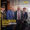 Desfile cívico militar en el Centro Histórico de Morelia con tropas, banderas, caballos y multitud de familias observando