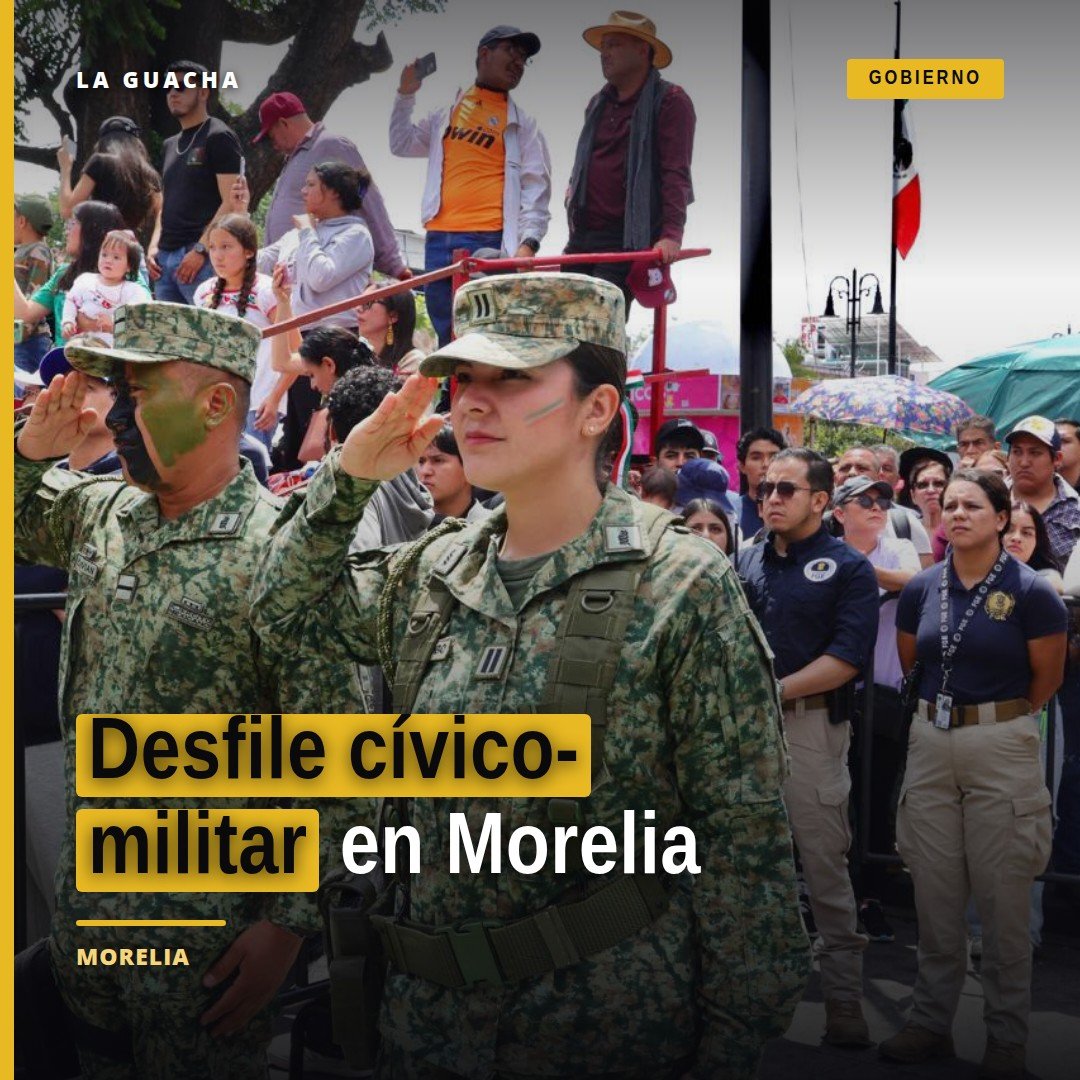 Desfile cívico-militar en marcha por la avenida Madero, Centro Histórico de Morelia, con participantes en uniforme y