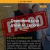Ilustración simbólica de un tráiler vacío en carretera michoacana, con texto superpuesto 'tráiler con cuerpos de menores