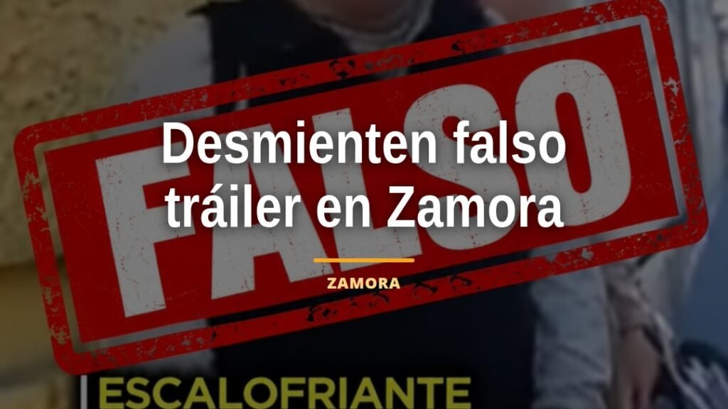 Ilustración simbólica de un tráiler vacío en carretera michoacana, con texto superpuesto 'tráiler con cuerpos de menores