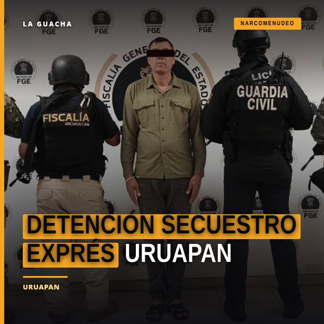 Detención secuestro exprés en Uruapan: agentes de SSP, Defensa y GN escoltan a dos personas junto a un auto Honda y paquetes