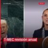 Ilustración simbólica de un reloj con cuenta regresiva y los logos de México, EU y Canadá, representando la t-mec revisión