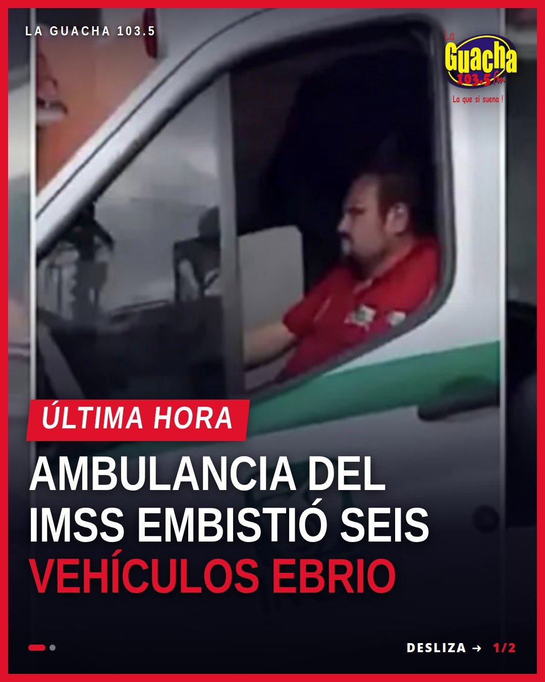 Fotografía simulada de una ambulancia del IMSS con daños frontales estacionada en banqueta de colonia Nueva Santa María