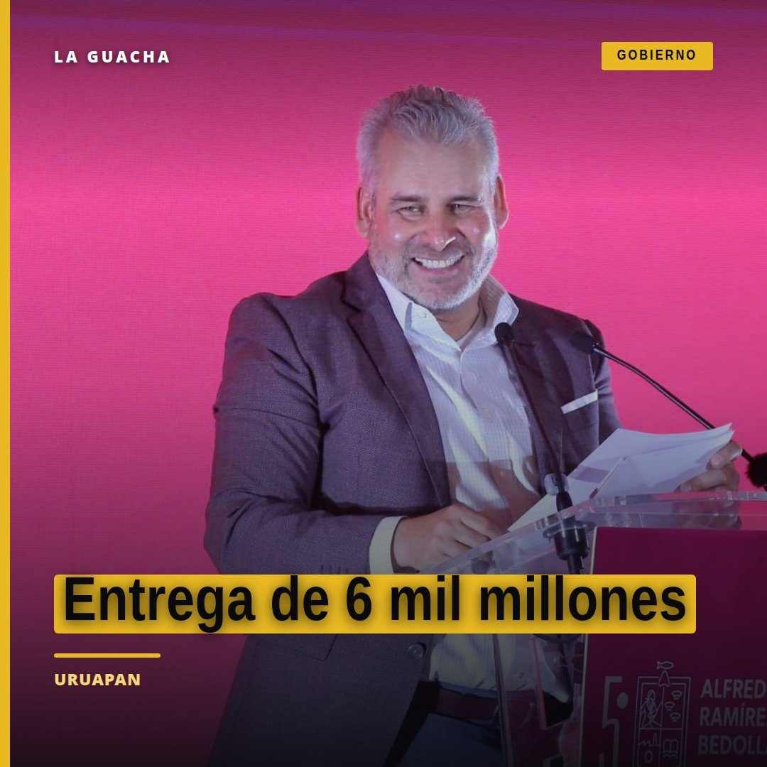 Alfredo Ramírez Bedolla en el escenario durante su 5.° Informe de Gobierno en Uruapan, anunciando la entrega de 6 mil