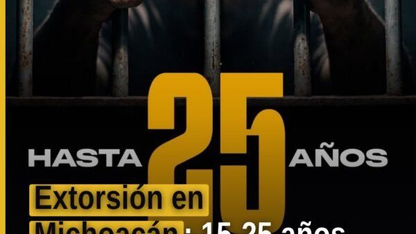 Logotipo de la Secretaría de Seguridad Pública de Michoacán junto al texto 'Extorsión en Michoacán: 15 a 25 años de prisión'