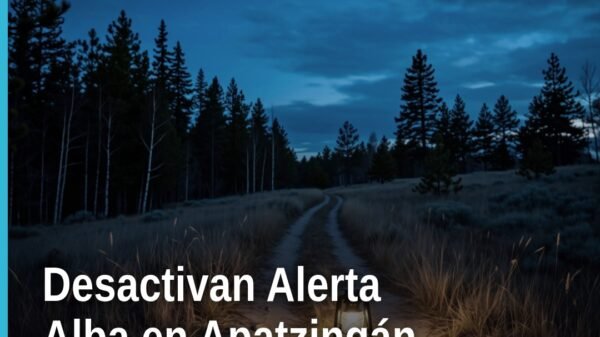 Fiscalía Michoacán desactiva Alerta Alba: imagen simbólica de un sello oficial sobre fondo azul con la leyenda 'Apatzingán