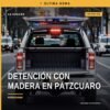 Camión tipo torton asegurado por la Fiscalía Michoacán detención en Pátzcuaro con vigas de madera aserrada visibles en su