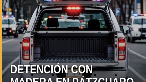 Camión tipo torton asegurado por la Fiscalía Michoacán detención en Pátzcuaro con vigas de madera aserrada visibles en su