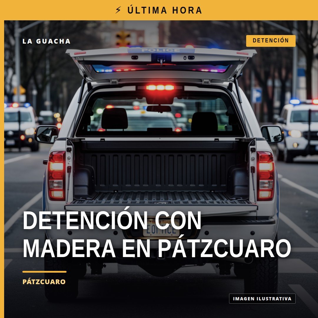 Camión tipo torton asegurado por la Fiscalía Michoacán detención en Pátzcuaro con vigas de madera aserrada visibles en su
