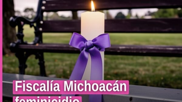 Ilustración simbólica de balanza de justicia y bandera de Michoacán, con texto 'Fiscalía Michoacán feminicidio'