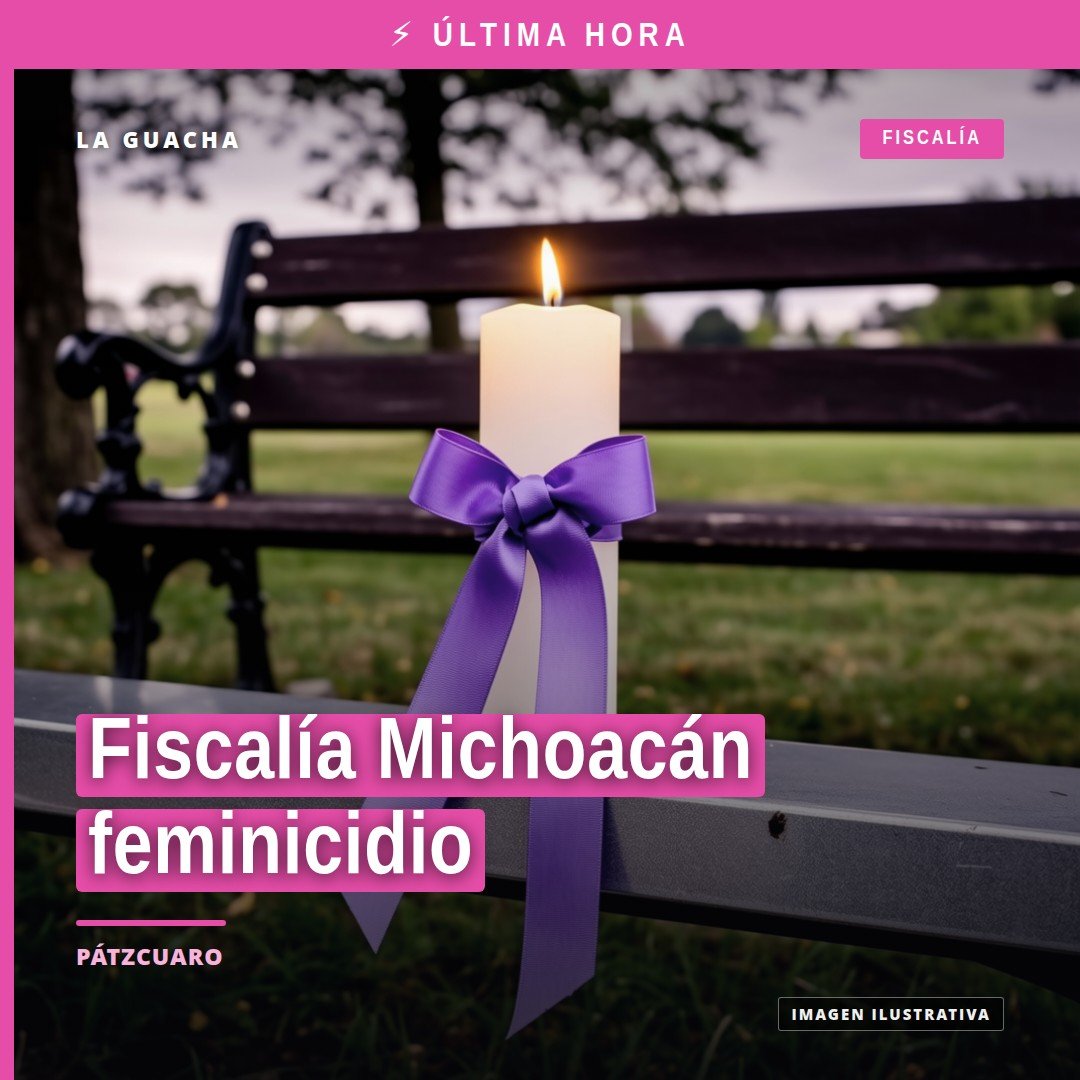 Ilustración simbólica de balanza de justicia y bandera de Michoacán, con texto 'Fiscalía Michoacán feminicidio'