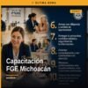 Fiscalía Michoacán capacitación virtual sobre comunicación asertiva y atención institucional, con logotipo de la FGE y fondo