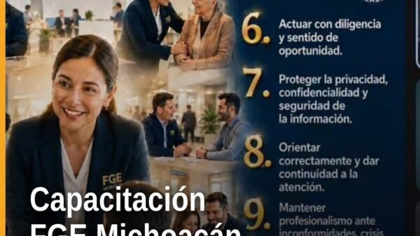 Fiscalía Michoacán capacitación virtual sobre comunicación asertiva y atención institucional, con logotipo de la FGE y fondo