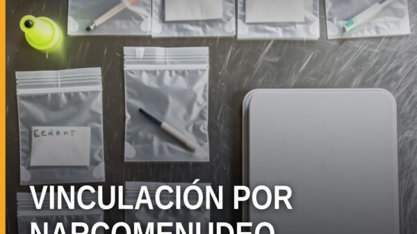 Fiscalía Michoacán narcomenudeo: representación simbólica de dos personas detenidas y paquetes de metanfetamina en Morelia