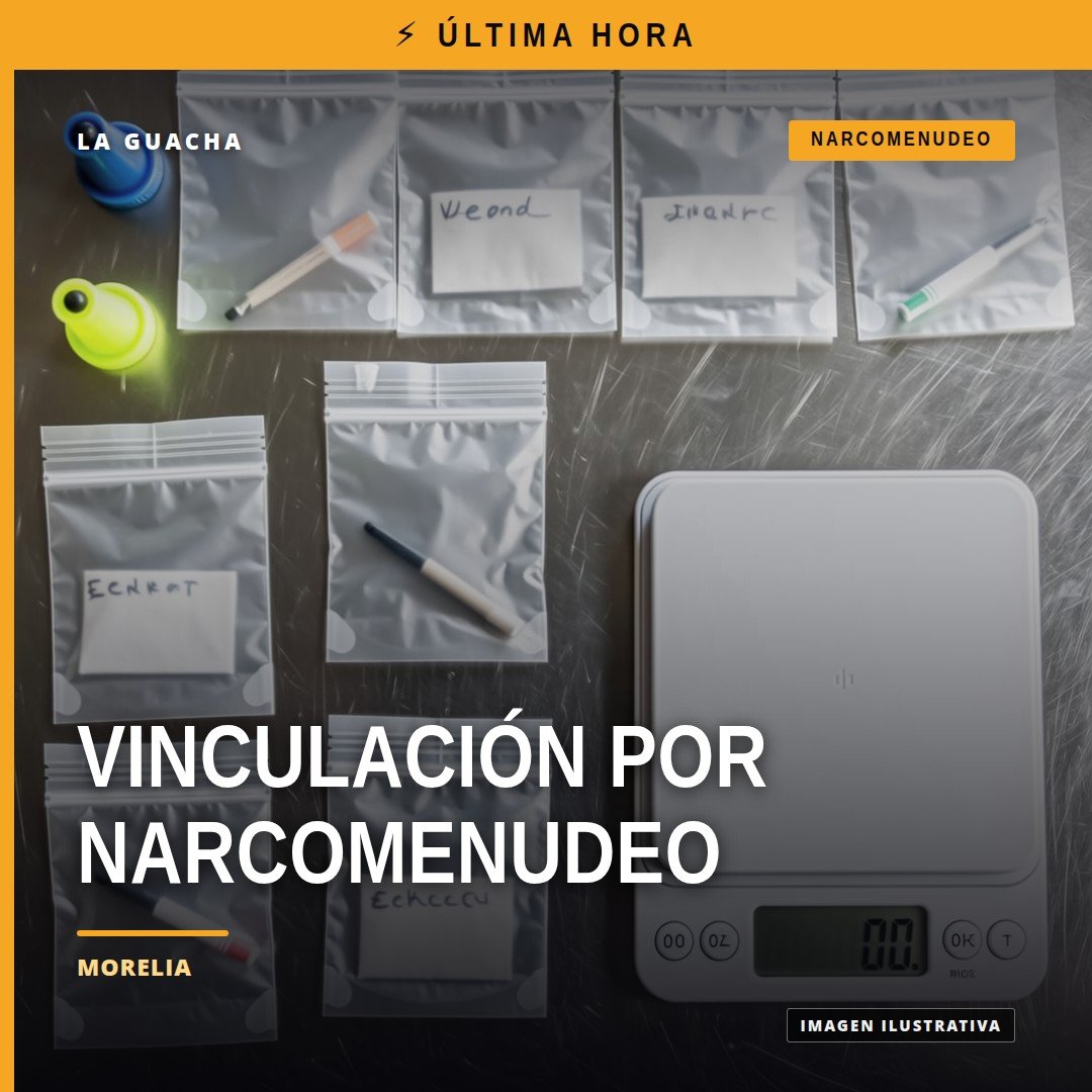 Fiscalía Michoacán narcomenudeo: representación simbólica de dos personas detenidas y paquetes de metanfetamina en Morelia