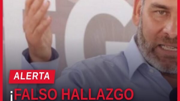 Ilustración simbólica de una fosa en Zacapu con una lupa y una señal de advertencia, acompañada del texto 'falso hallazgo