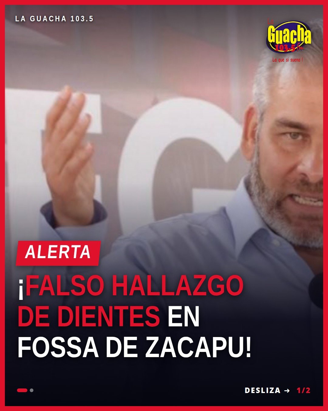 Ilustración simbólica de una fosa en Zacapu con una lupa y una señal de advertencia, acompañada del texto 'falso hallazgo