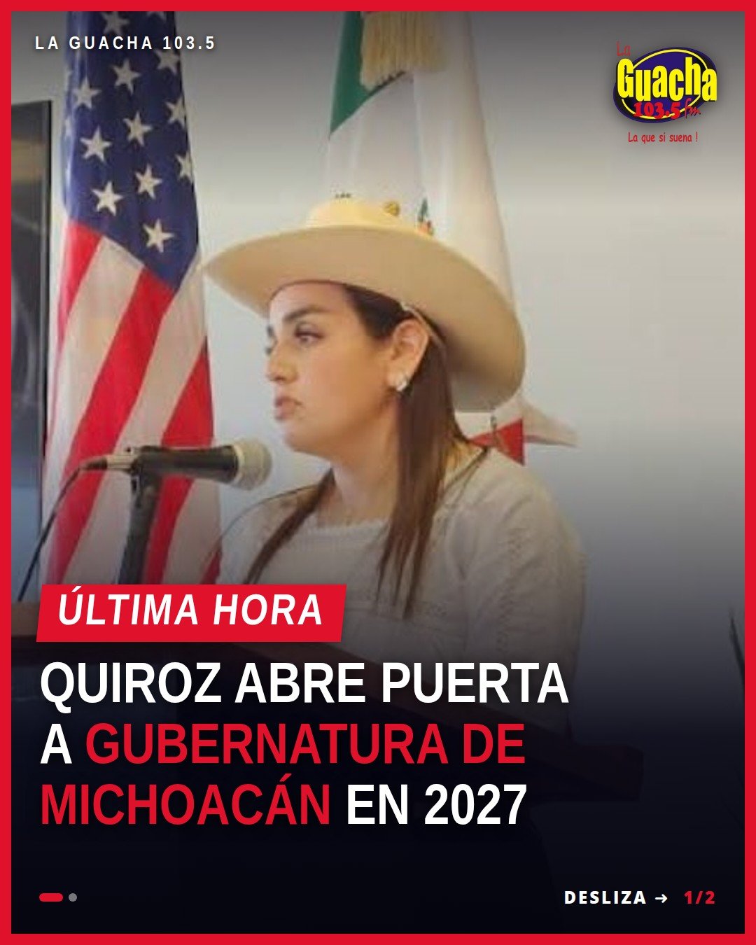 Grecia Quiroz hablando ante miembros de la comunidad michoacana en un evento en Santa Fe Springs, California