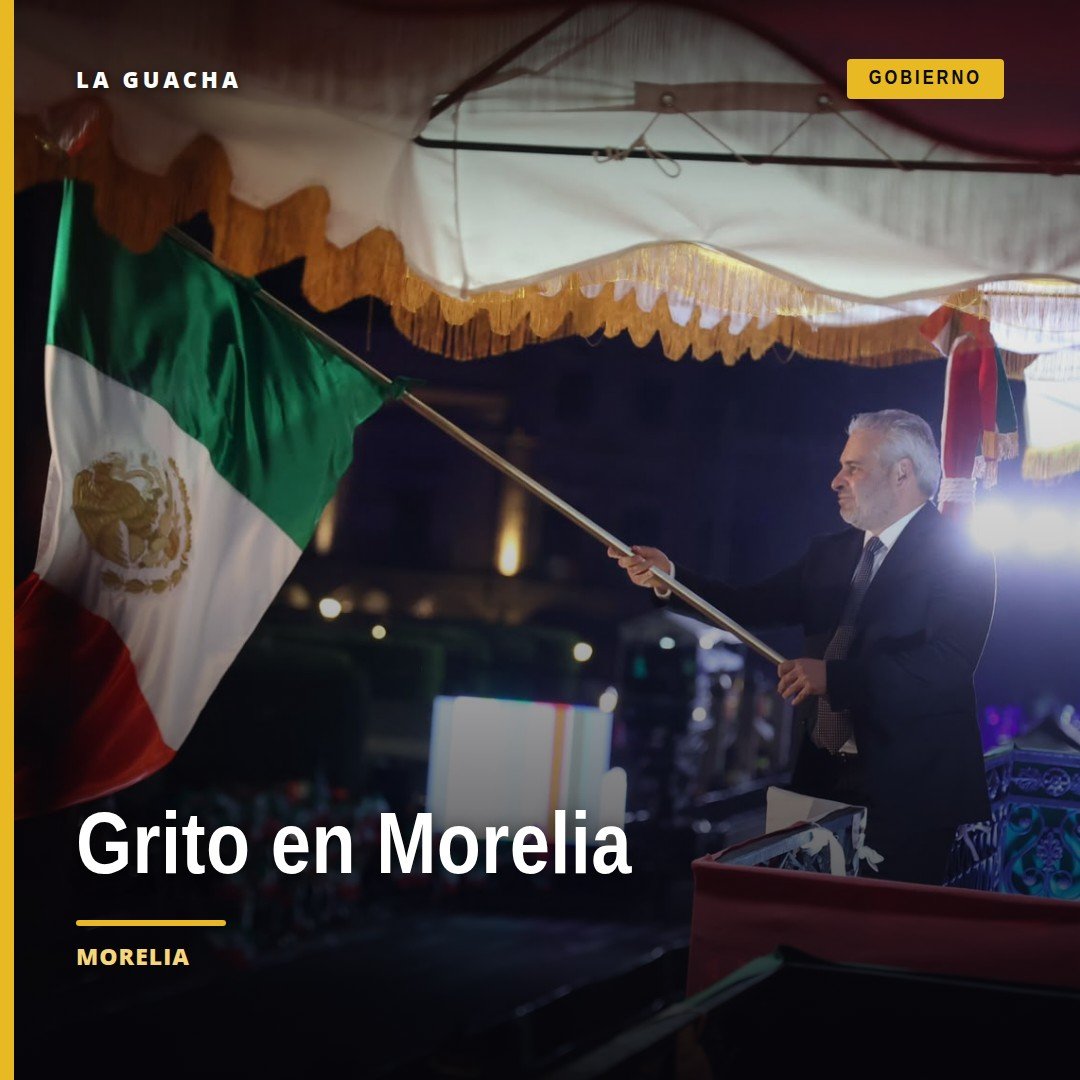 Grito de independencia en el Centro Histórico de Morelia con multitud, luces, banderas y fuegos artificiales