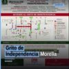 Vista aérea del Centro Histórico de Morelia con señalización de cierres viales y accesos peatonales para el Grito de