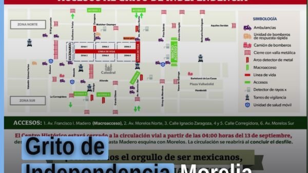 Vista aérea del Centro Histórico de Morelia con señalización de cierres viales y accesos peatonales para el Grito de