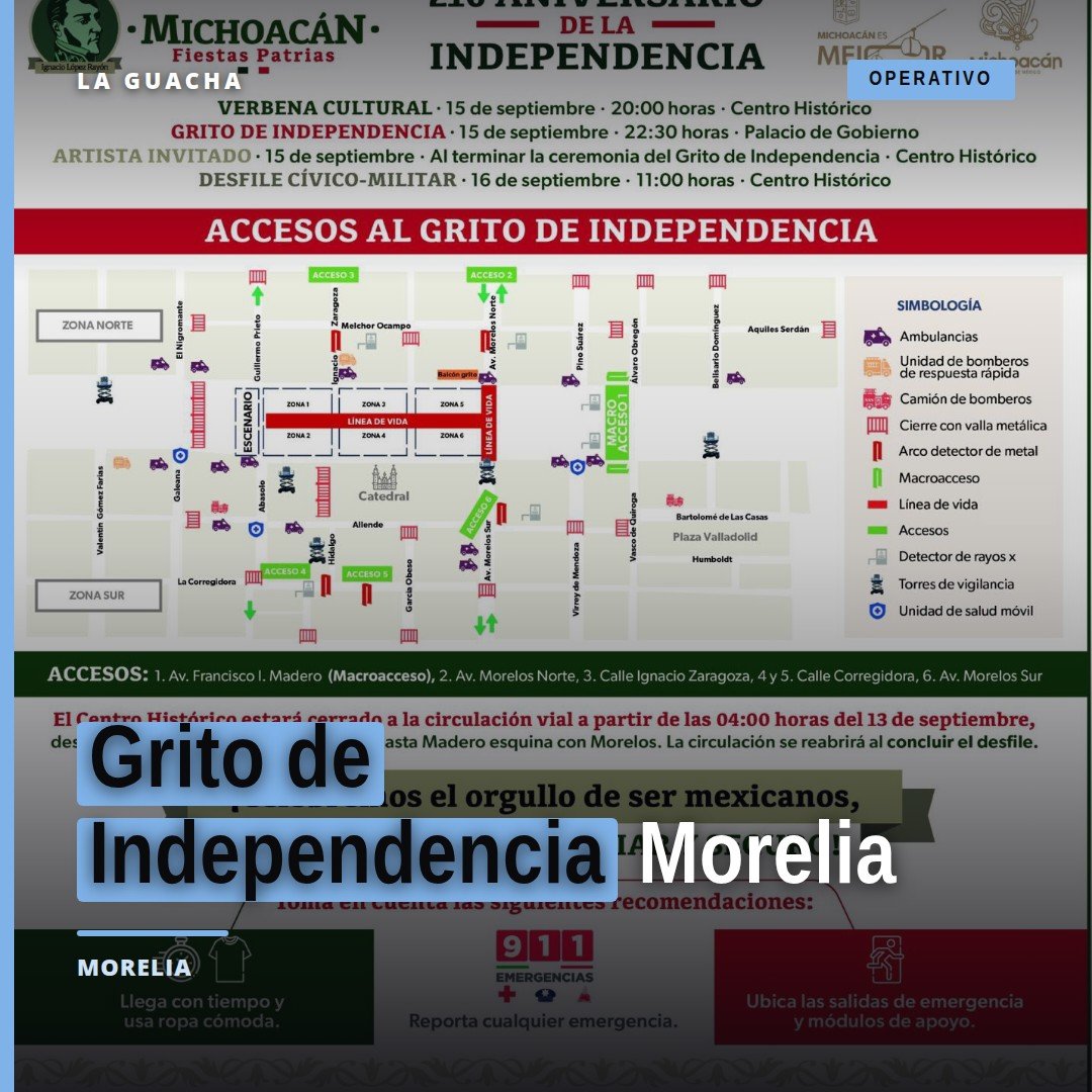 Vista aérea del Centro Histórico de Morelia con señalización de cierres viales y accesos peatonales para el Grito de