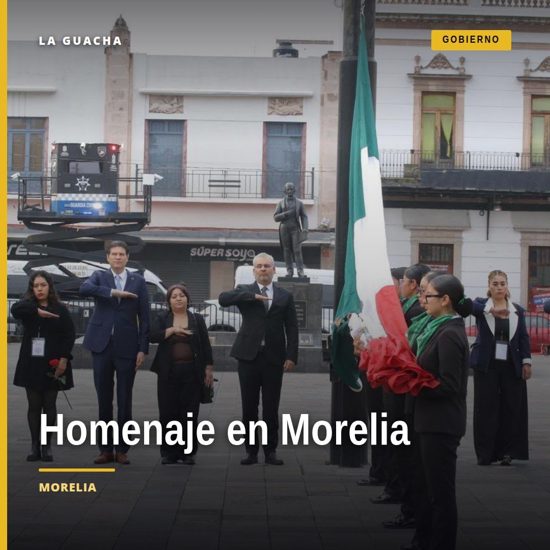 Homenaje víctimas Morelia: autoridades frente a placa conmemorativa en plaza Melchor Ocampo, con bandera a media asta y