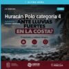 Mapa meteorológico con huracán Polo categoría 4 acercándose a la costa de Lázaro Cárdenas, Coahuayana y Aquila en Michoacán