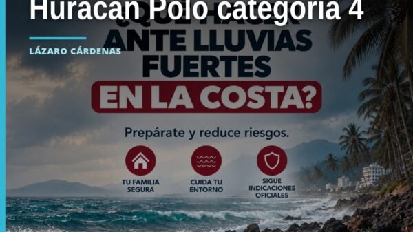 Mapa meteorológico con huracán Polo categoría 4 acercándose a la costa de Lázaro Cárdenas, Coahuayana y Aquila en Michoacán