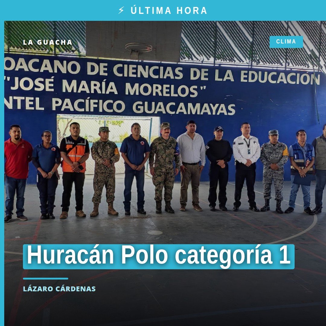Mapa meteorológico con huracán Polo categoría 1 cerca de la costa de Michoacán, destacando las zonas de monitoreo: Aquila