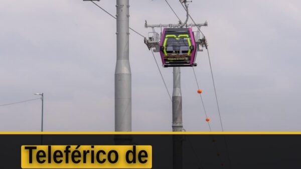 Vista aérea del teleférico de Morelia cruzando sobre el Zoológico de Morelia y la ciudad, con cabinas en movimiento y