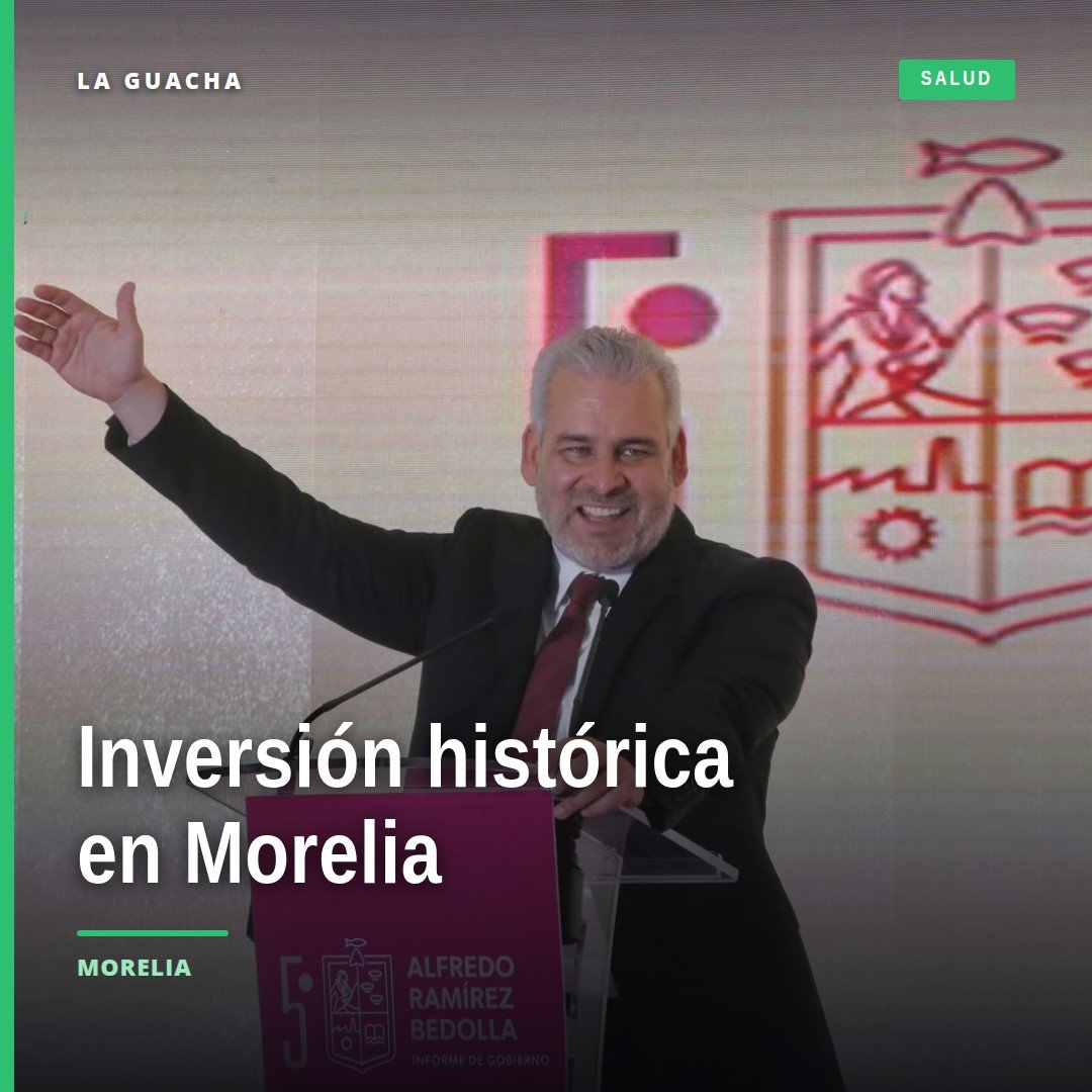 Fotografía oficial del gobernador Alfredo Ramírez Bedolla presentando el Quinto Informe de Gobierno en Morelia, con gráficos