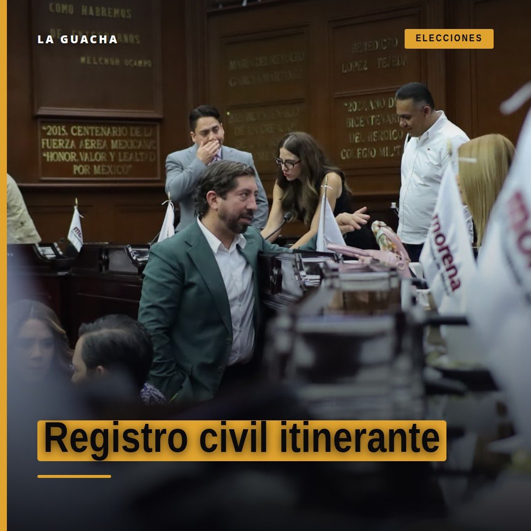 Registro civil itinerante en una comunidad rural de Michoacán, con personal atendiendo a familias bajo carpas y letreros