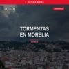 Ilustración climática con cielo nublado, rayos y gotas de lluvia sobre el perfil urbano de Morelia, representando lluvia y