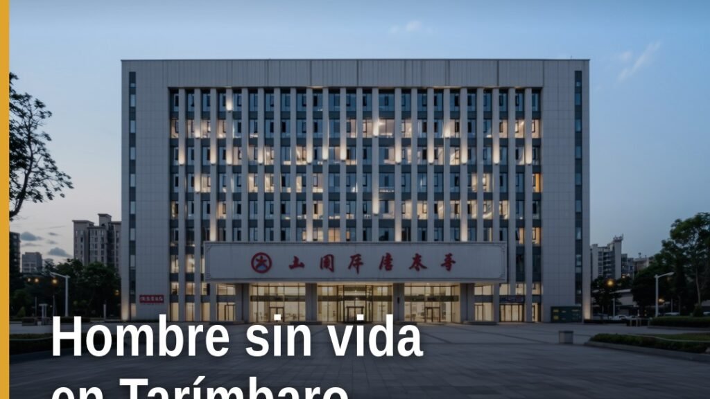 Ilustración simbólica de un predio rural en Tarímbaro con señalización policial y silueta humana; identificar hombre