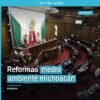 Fachada del Congreso del Estado de Michoacán en Morelia, con bandera estatal y letrero que indica 'medio ambiente michoacán'