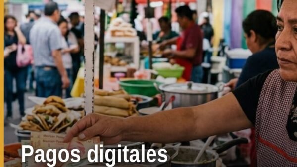 Ilustración conceptual de monedas y billetes desvaneciéndose frente a un smartphone mostrando un código QR y el logotipo de