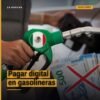 Ilustración de una gasolinera moderna con terminal de pago digital y código QR visible, representando pagar digital en