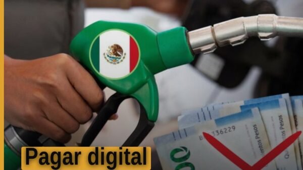 Ilustración de una gasolinera moderna con terminal de pago digital y código QR visible, representando pagar digital en