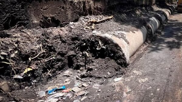 Obreros trabajando en excavaciones para la modernización de la red hidráulica del Morebús Morelia al poniente de Morelia