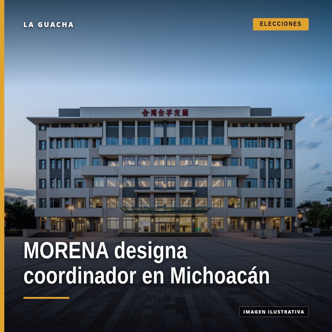 Fotografía simbólica de un evento político con bandera de MORENA y letrero que indica 'Coordinador MORENA Michoacán', morena